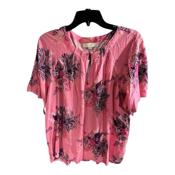 NWT LOFT Paisley Pink Short Sleeve Top Women’s Size Large Blouse - Picture 1 of 6